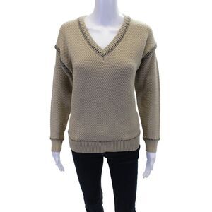 MK Metric Knits Women's V-Neck Long Sleeves Pullover Sweater Tan Size S